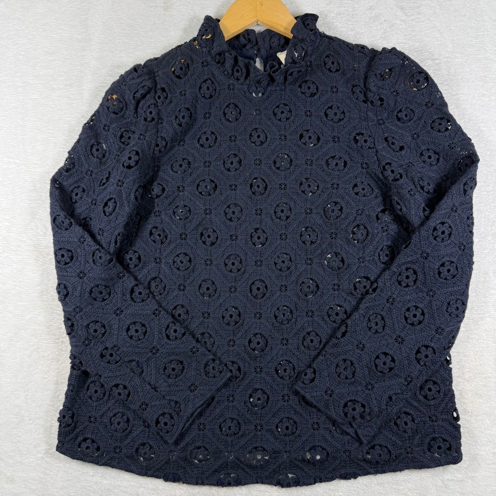 Sezane Navy Floral Eyelet Lace Ruffle Neck Blouse EU 40 US 8 S242BLO036B